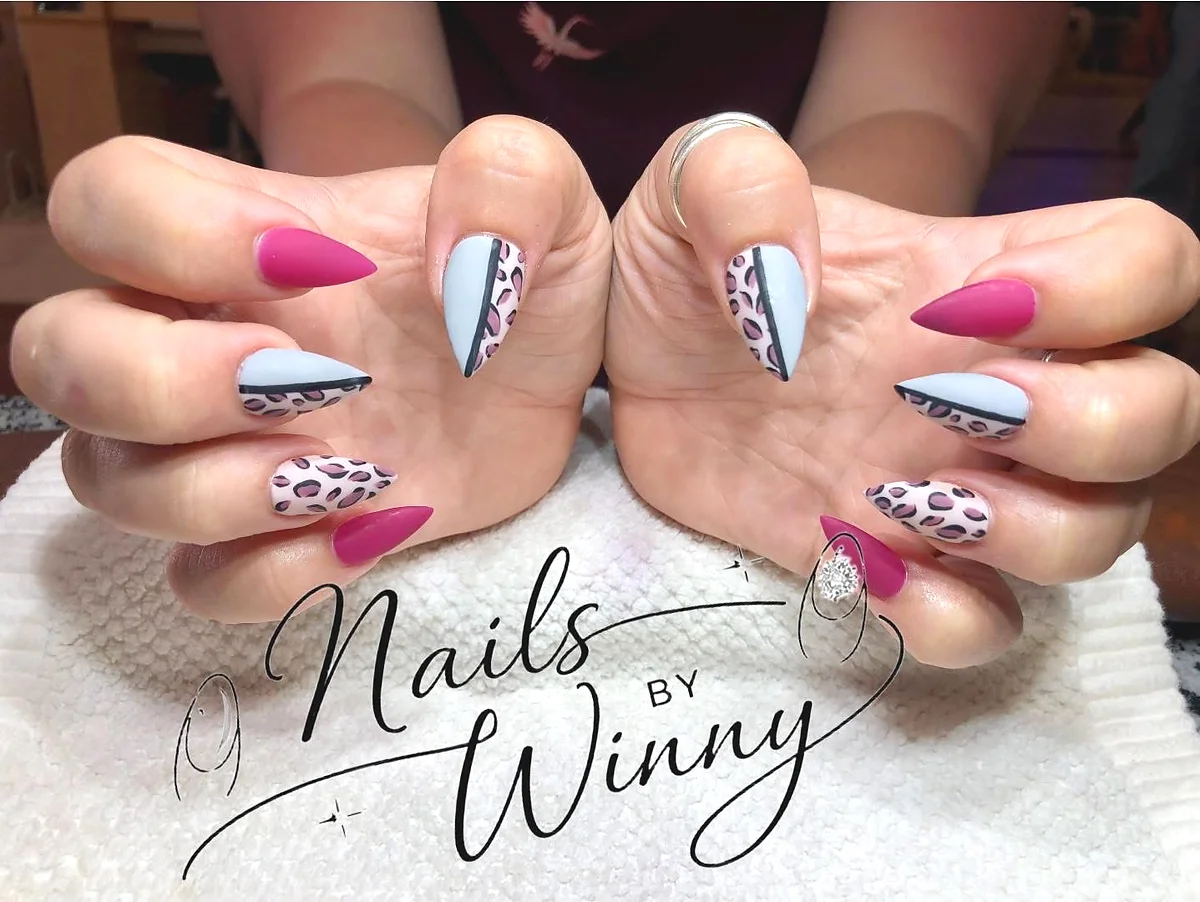 Pink leopard stiletto nail art at Maiden Nails Webster NY