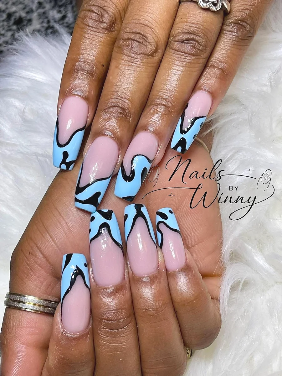 Baby blue swirl coffin nails at Maiden Nails Webster NY