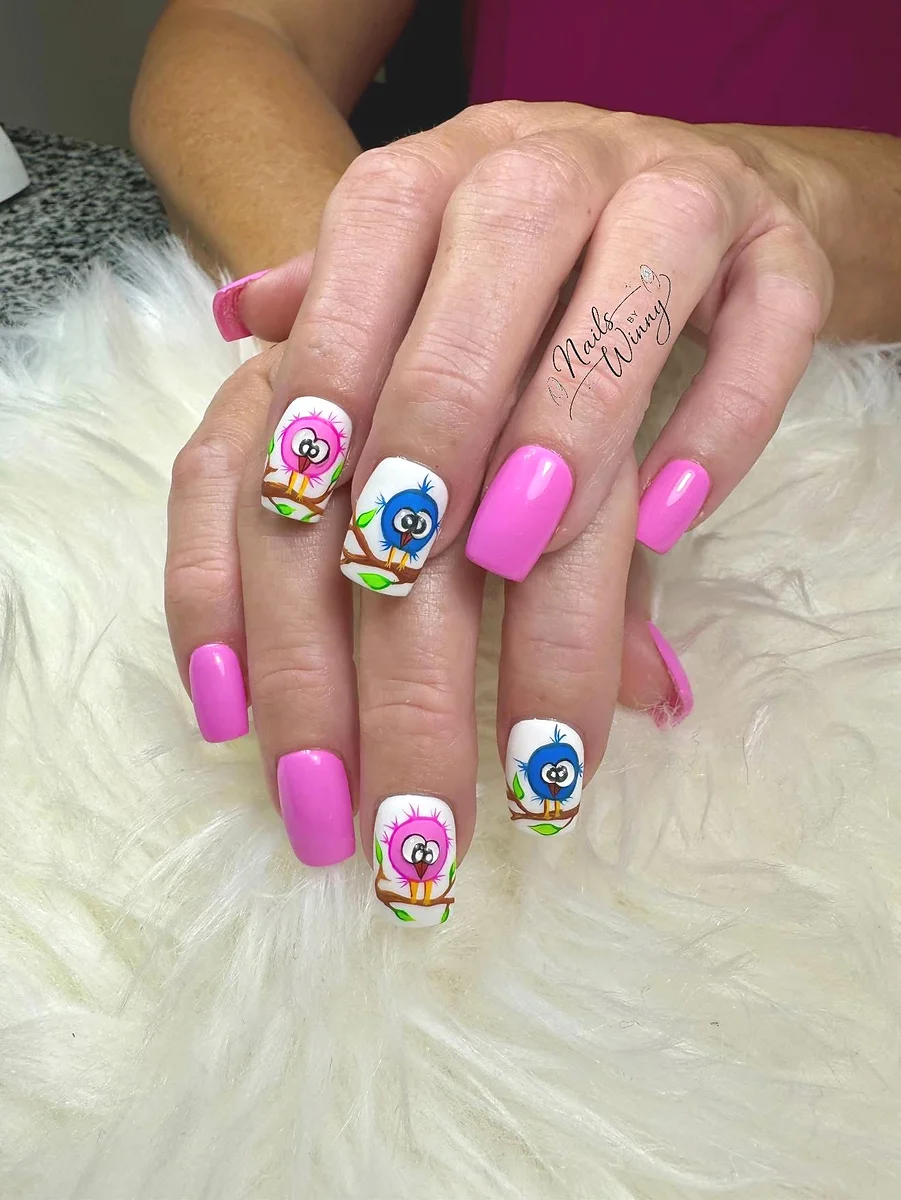 Pink owl nail art short square nails Webster NY