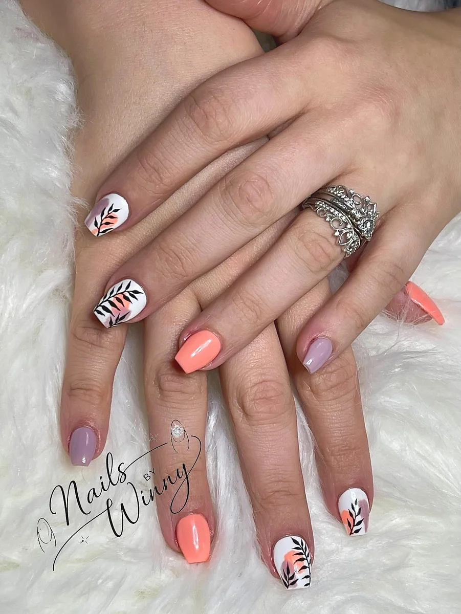 Peach floral nail art short square nails Webster NY