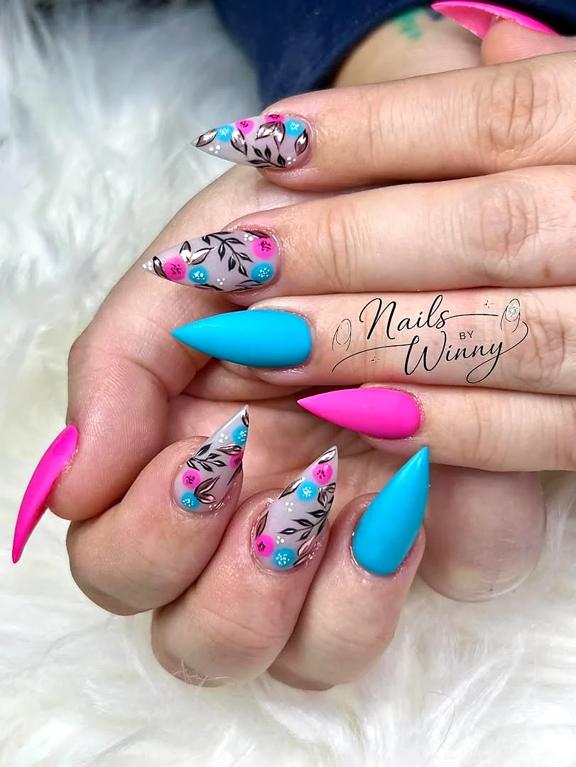 Pink teal floral nail art at Maiden Nails Webster NY